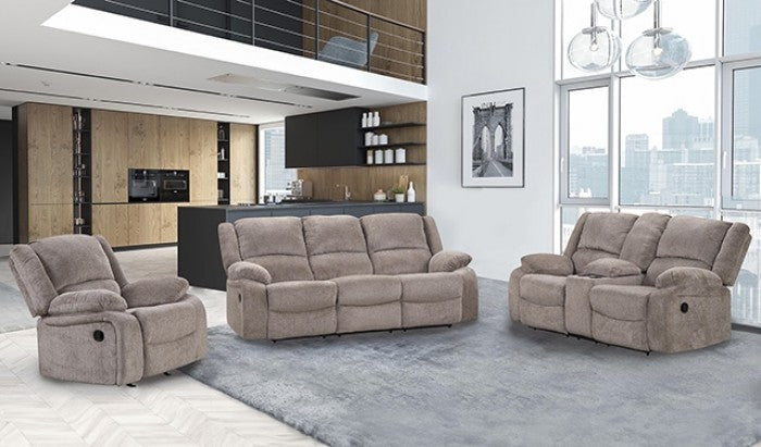 NX6003GY-2PC 2 pc Cosimo mocha chenille fabric sofa and love seat recliner ends with cup console