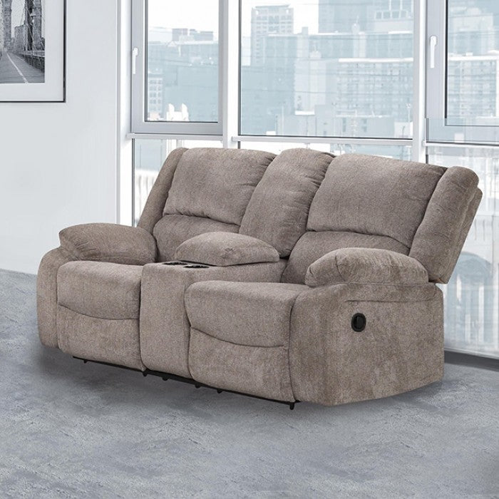 NX6003GY-2PC 2 pc Cosimo mocha chenille fabric sofa and love seat recliner ends with cup console
