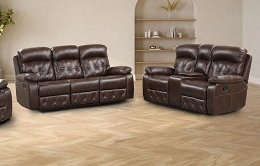 NX6004BR-2PC 2 pc Osias brown leatherette sofa and love seat recliner ends with cup console