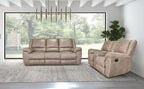 NX6011BR-2PC 2 pc Jambi light brown breathable leather sofa and love seat recliner ends with cup console