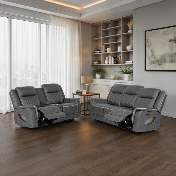 NX6061DG-2PC 2 pc Arturus dark grey leather like fabric power motion sofa and love seat recliner ends with cup console LED