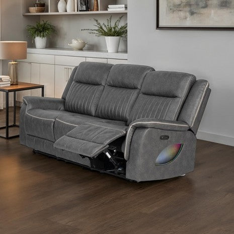 NX6061DG-2PC 2 pc Arturus dark grey leather like fabric power motion sofa and love seat recliner ends with cup console LED