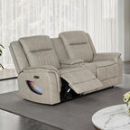 NX6061LB-2PC 2 pc Arturus light brown leather like fabric power motion sofa and love seat recliner ends with cup console LED