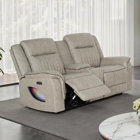 NX6061LB-2PC 2 pc Arturus light brown leather like fabric power motion sofa and love seat recliner ends with cup console LED