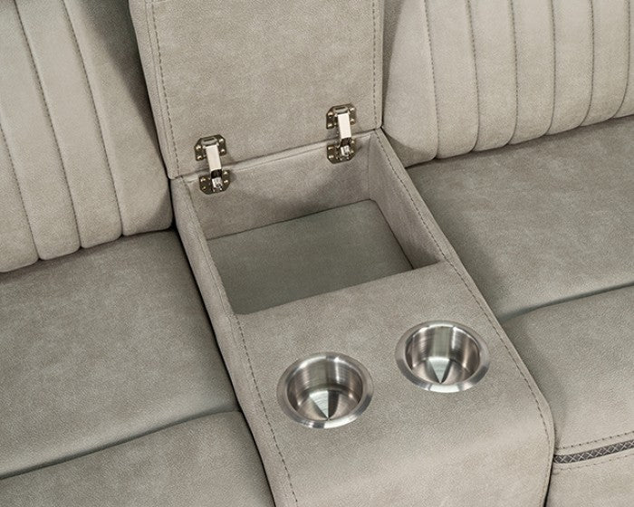 NX6061LB-2PC 2 pc Arturus light brown leather like fabric power motion sofa and love seat recliner ends with cup console LED