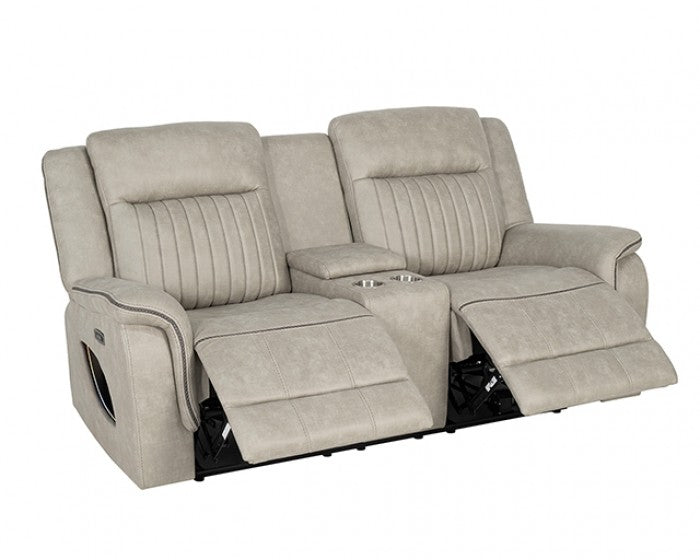 NX6061LB-2PC 2 pc Arturus light brown leather like fabric power motion sofa and love seat recliner ends with cup console LED