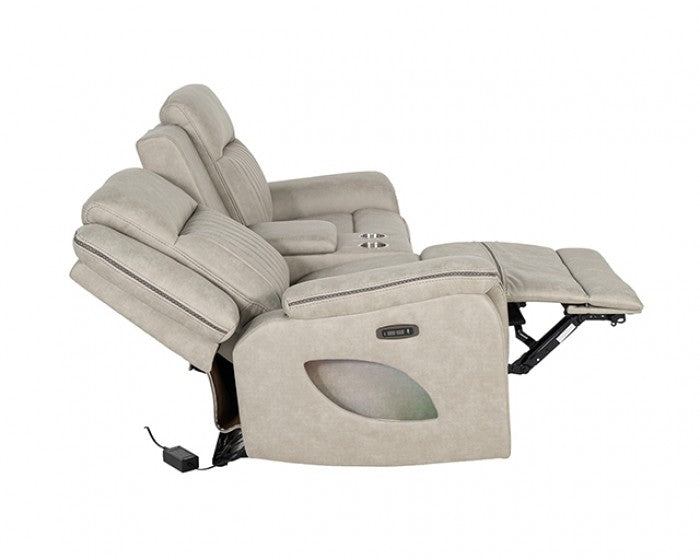 NX6061LB-2PC 2 pc Arturus light brown leather like fabric power motion sofa and love seat recliner ends with cup console LED