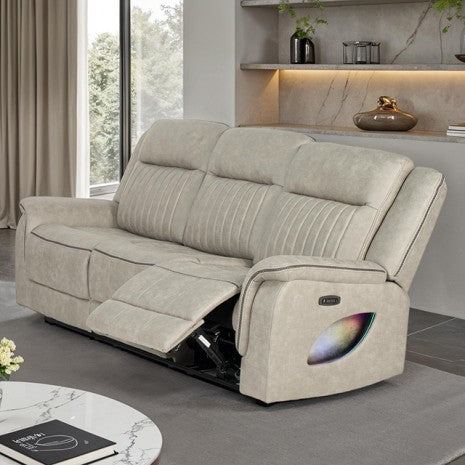 NX6061LB-2PC 2 pc Arturus light brown leather like fabric power motion sofa and love seat recliner ends with cup console LED