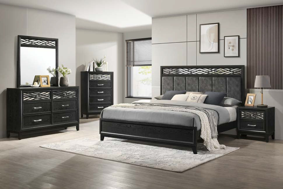 00-1655-4PC 4 pc Obsidian black finish wood mottled grey fabric padded queen bed set mirrored accents