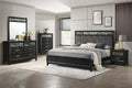 00-1655-4PC 4 pc Obsidian black finish wood mottled grey fabric padded queen bed set mirrored accents