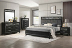 00-1655-4PC 4 pc Obsidian black finish wood mottled grey fabric padded queen bed set mirrored accents