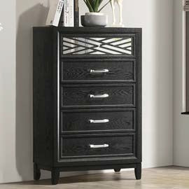 00-1655-4PC 4 pc Obsidian black finish wood mottled grey fabric padded queen bed set mirrored accents