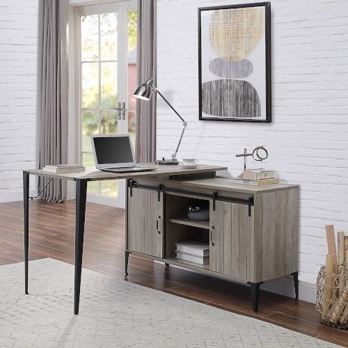 Acme OF00009 Zakwani rustic grey finish wood black frame swivel top writing office desk with storage