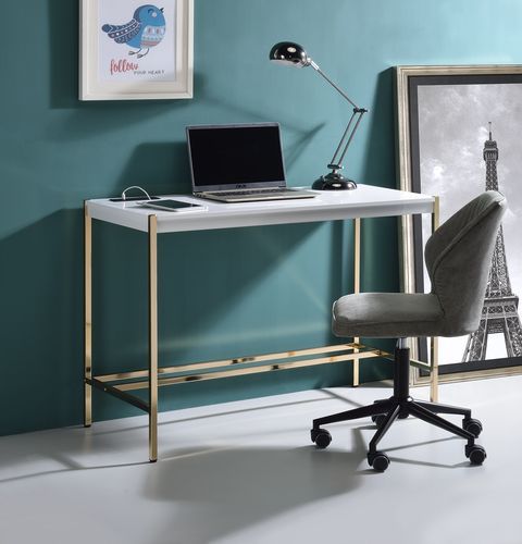 Acme OF00020 Everyly quinn brahmjot white finish wood top and gold metal finish frame office student writing desk