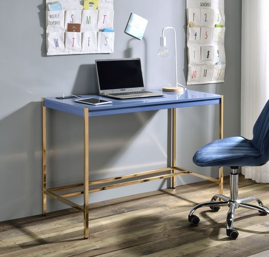 Acme OF00022 Everyly quinn brahmjot blue finish wood top and gold metal finish frame office student writing desk