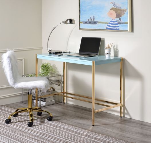Acme OF00023 Everyly quinn brahmjot light blue finish wood top and gold metal finish frame office student writing desk