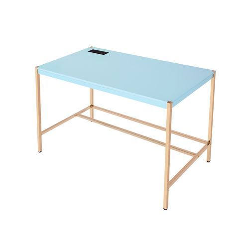 Acme OF00023 Everyly quinn brahmjot light blue finish wood top and gold metal finish frame office student writing desk