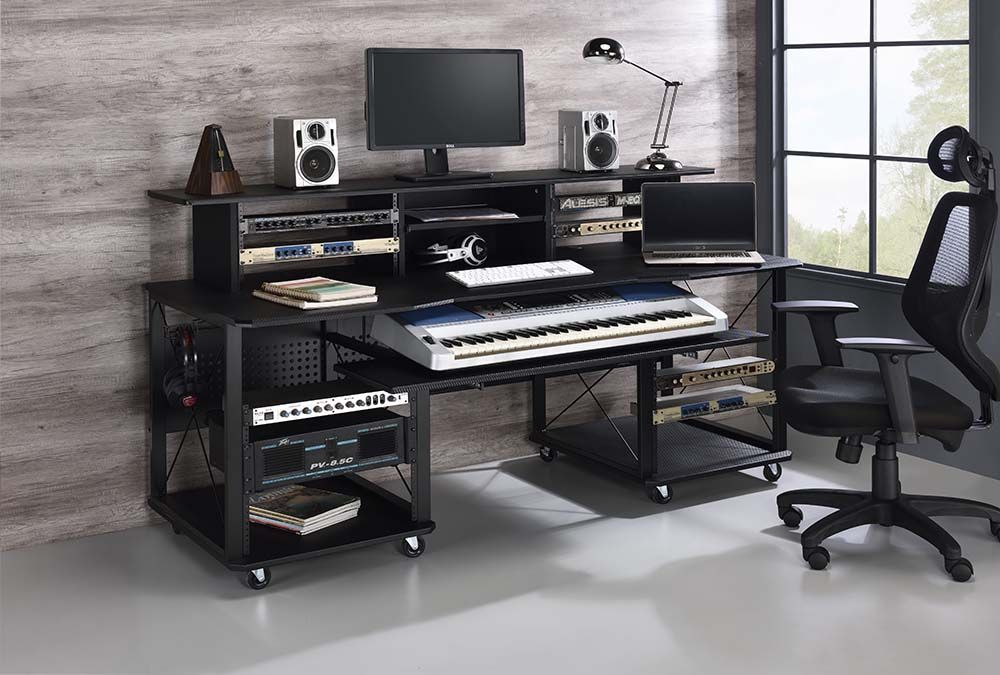 Acme OF00987 Inbox zero denah Megara black finish metal frame black finish wood gaming table station music studio desk