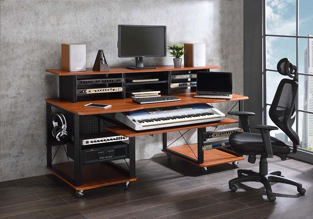 Acme OF00988 Inbox zero denah Megara black finish metal frame cherry finish wood gaming table station music studio desk