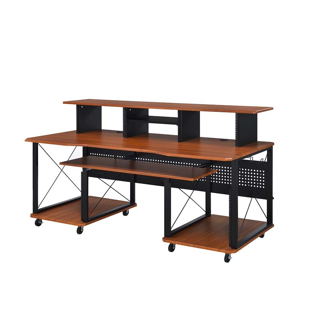 Acme OF00988 Inbox zero denah Megara black finish metal frame cherry finish wood gaming table station music studio desk