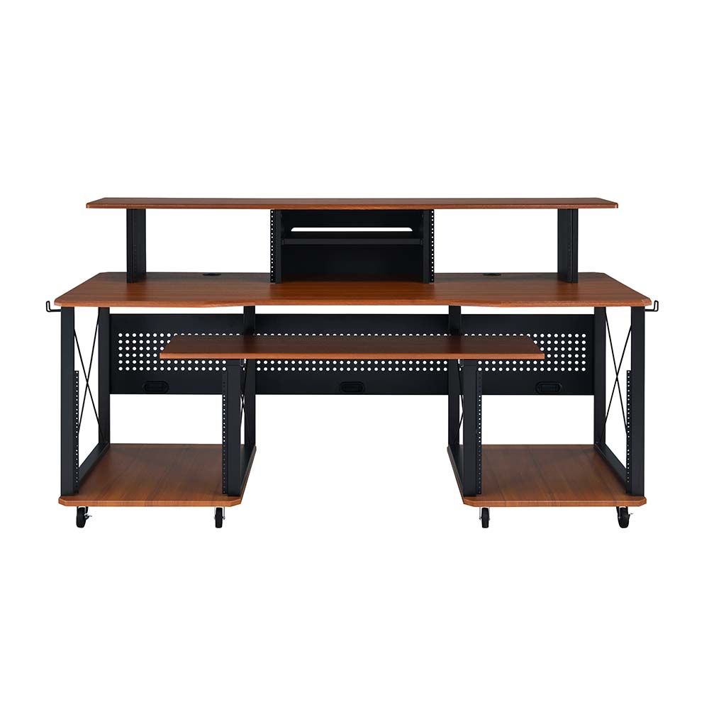 Acme OF00988 Inbox zero denah Megara black finish metal frame cherry finish wood gaming table station music studio desk