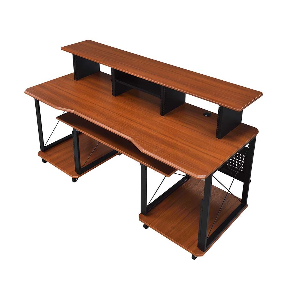 Acme OF00988 Inbox zero denah Megara black finish metal frame cherry finish wood gaming table station music studio desk