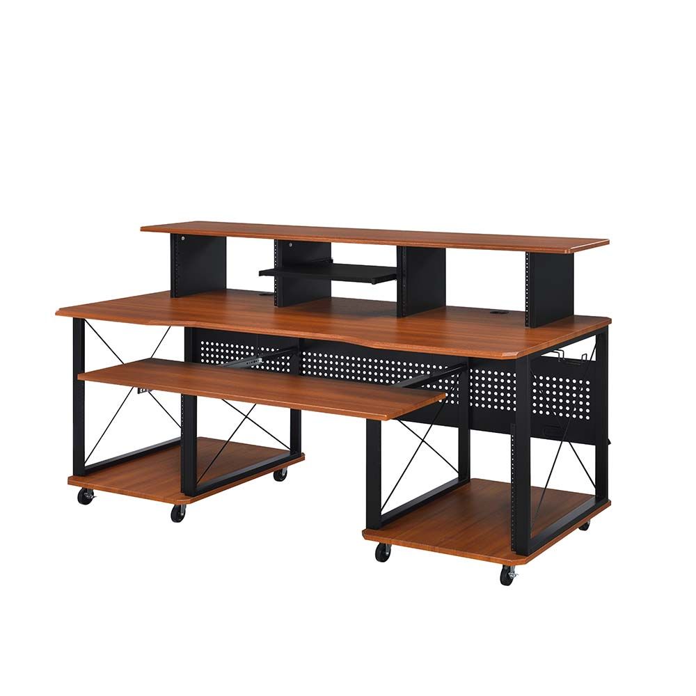 Acme OF00988 Inbox zero denah Megara black finish metal frame cherry finish wood gaming table station music studio desk
