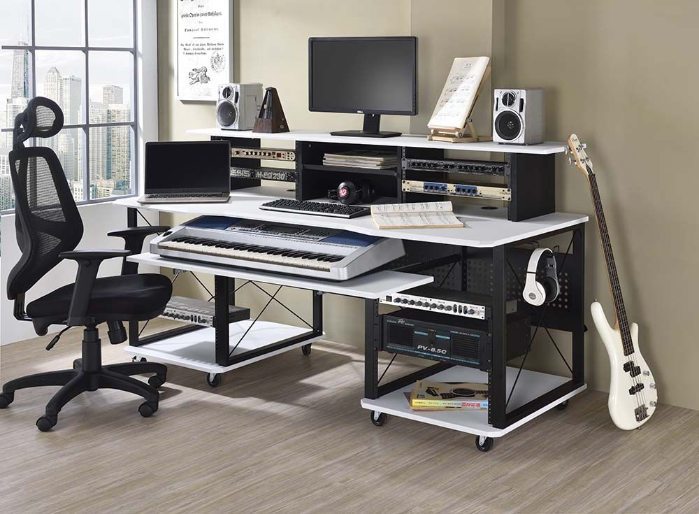 Acme OF00995 Inbox zero denah Megara black finish metal frame white finish wood gaming table station music studio desk