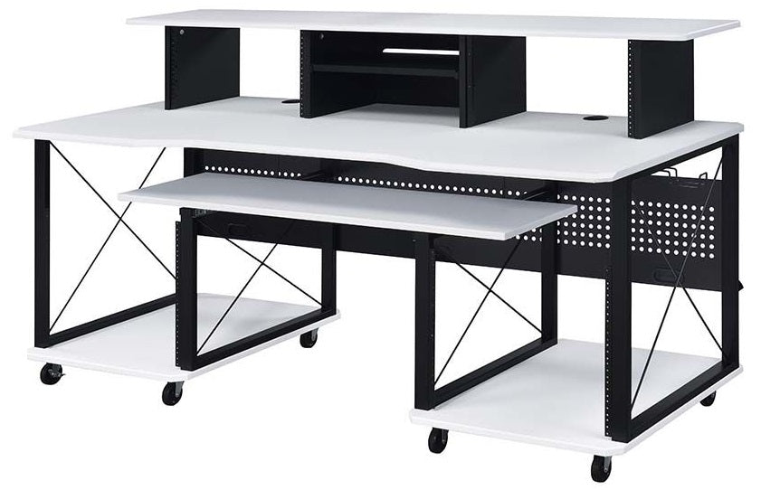 Acme OF00995 Inbox zero denah Megara black finish metal frame white finish wood gaming table station music studio desk