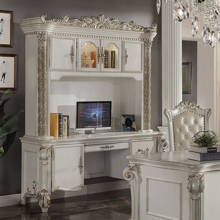 Acme OF01519 2 pc Vendome antique pearl finish wood detailed carvings ornate office credenza desk and hutch