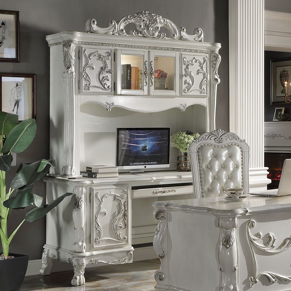 Acme OF01717 2 pc Dresden Bone white finish wood detailed carvings ornate office Hutch and credenza desk