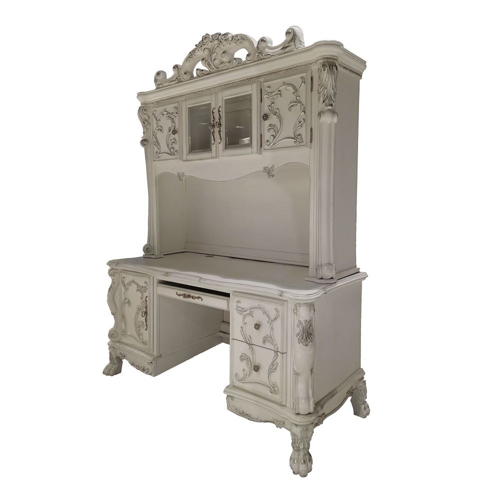 Acme OF01717 2 pc Dresden Bone white finish wood detailed carvings ornate office Hutch and credenza desk