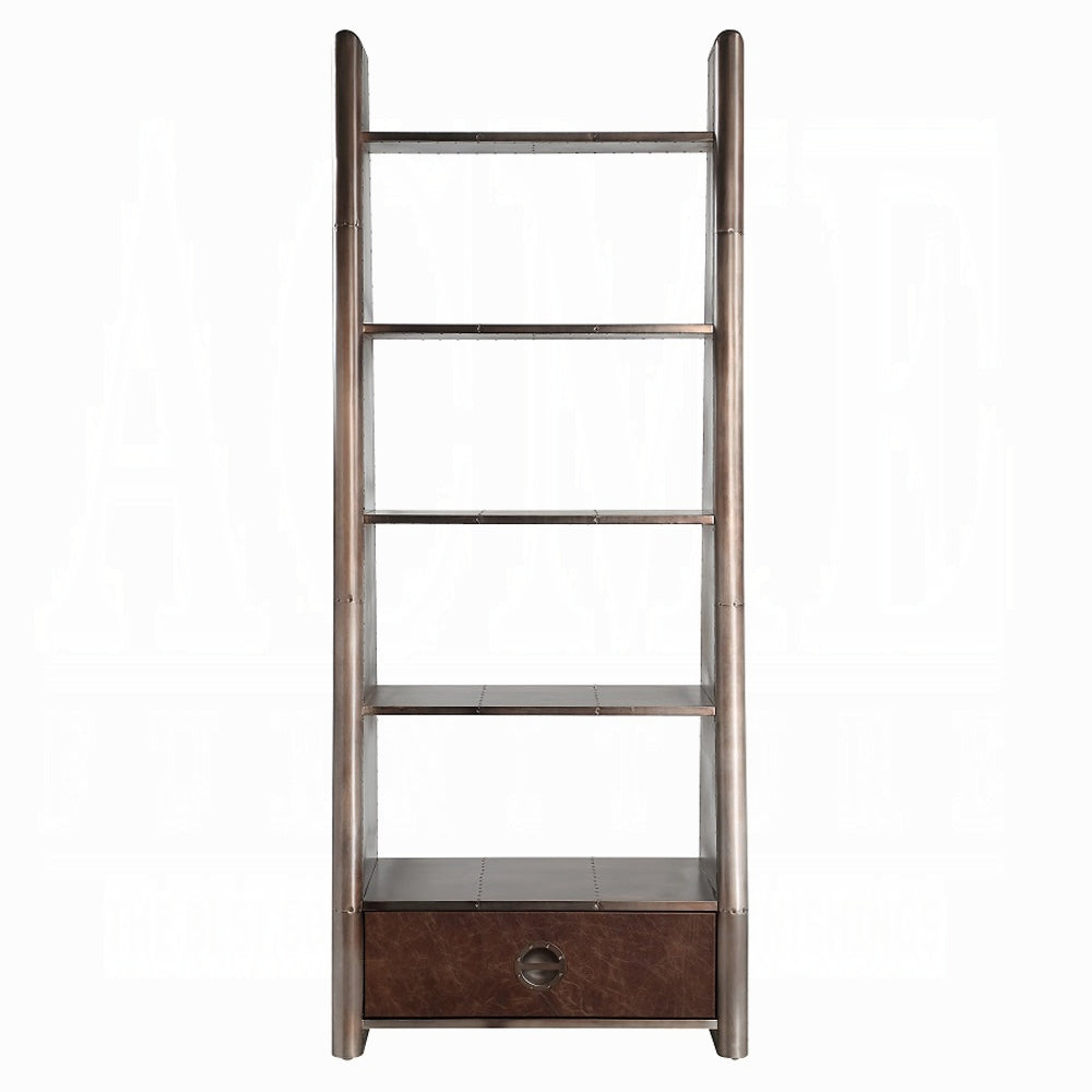 Acme OF02405 Brancaster aluminum metal frame with top grain leather inserts bookcase