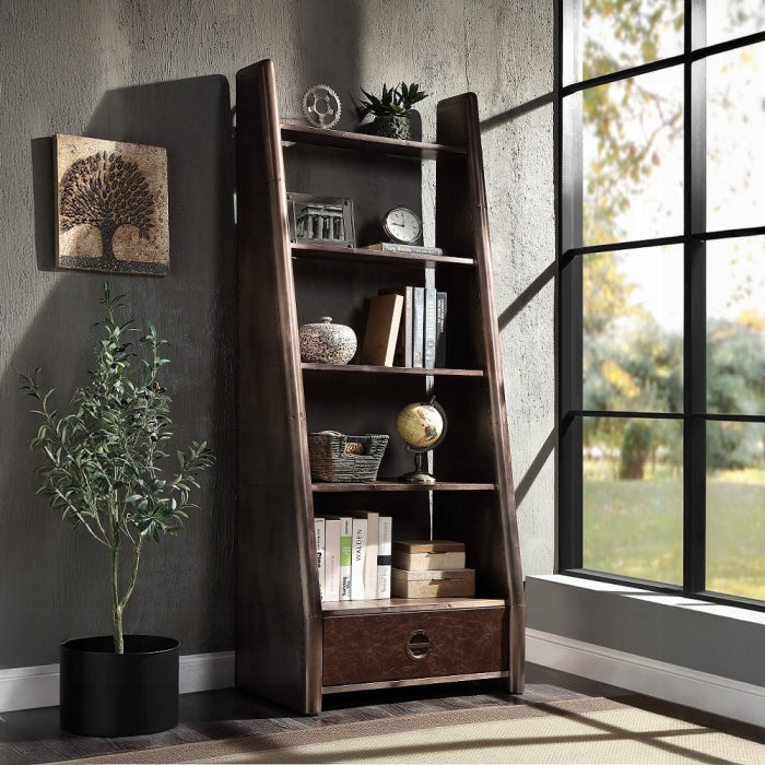 Acme OF02405 Brancaster aluminum metal frame with top grain leather inserts bookcase