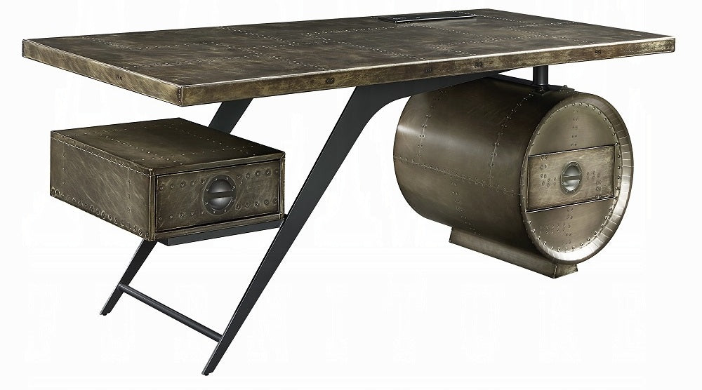 Acme OF02586 Brancaster bronze aluminum metal frame with riveted design oak finish wood executive desk