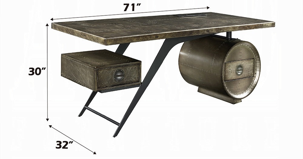 Acme OF02586 Brancaster bronze aluminum metal frame with riveted design oak finish wood executive desk