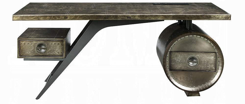 Acme OF02586 Brancaster bronze aluminum metal frame with riveted design oak finish wood executive desk