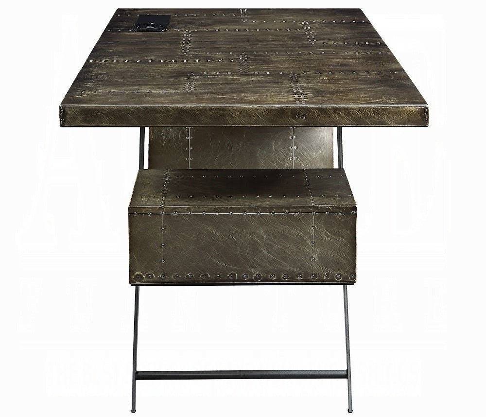 Acme OF02586 Brancaster bronze aluminum metal frame with riveted design oak finish wood executive desk