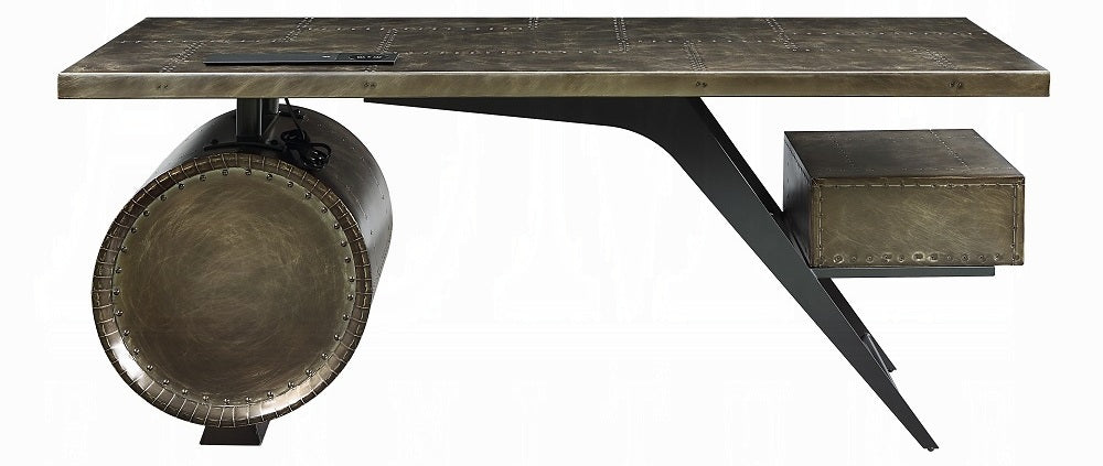 Acme OF02586 Brancaster bronze aluminum metal frame with riveted design oak finish wood executive desk