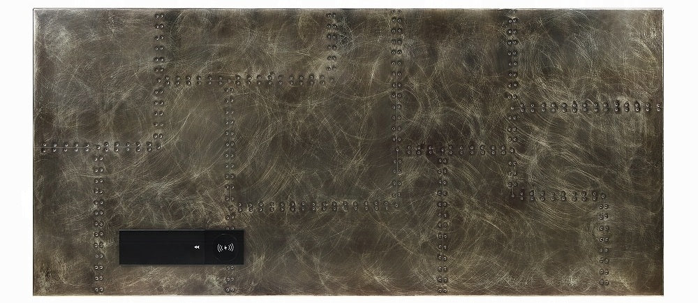 Acme OF02586 Brancaster bronze aluminum metal frame with riveted design oak finish wood executive desk