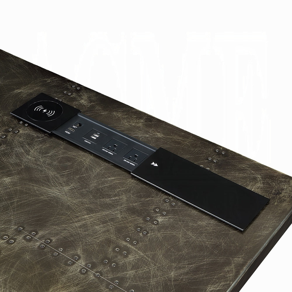 Acme OF02586 Brancaster bronze aluminum metal frame with riveted design oak finish wood executive desk