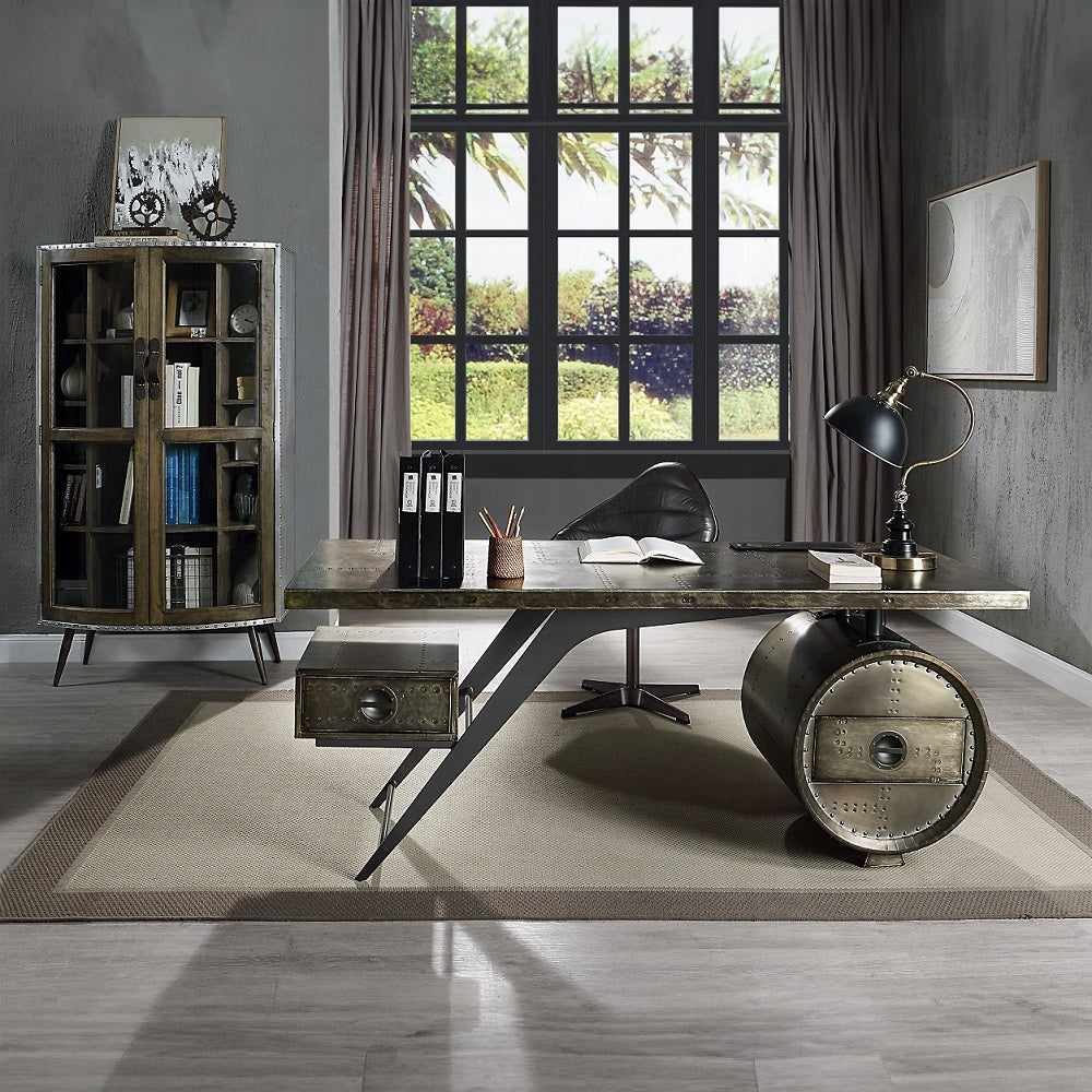 Acme OF02586 Brancaster bronze aluminum metal frame with riveted design oak finish wood executive desk