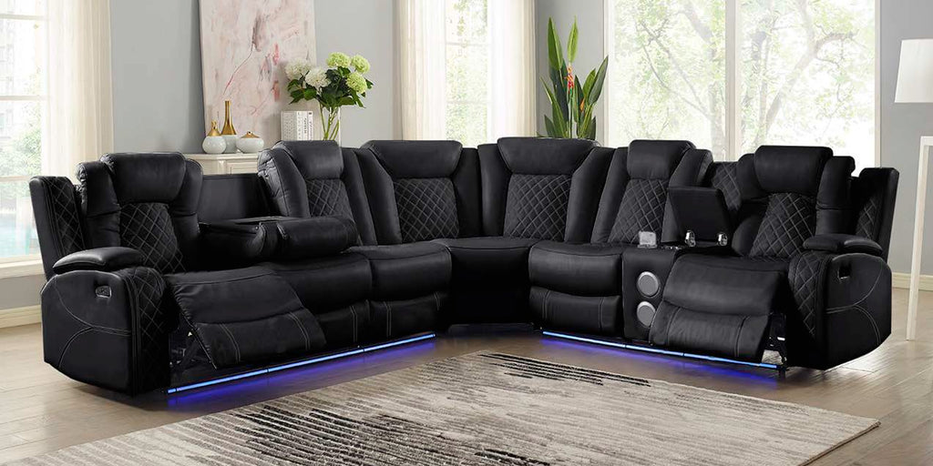 OrionBK-Sect 3 pc Orion black faux leather sectional sofa set with recliner ends USB charging and drop down table