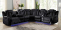 OrionBK-Sect 3 pc Orion black faux leather sectional sofa set with recliner ends USB charging and drop down table
