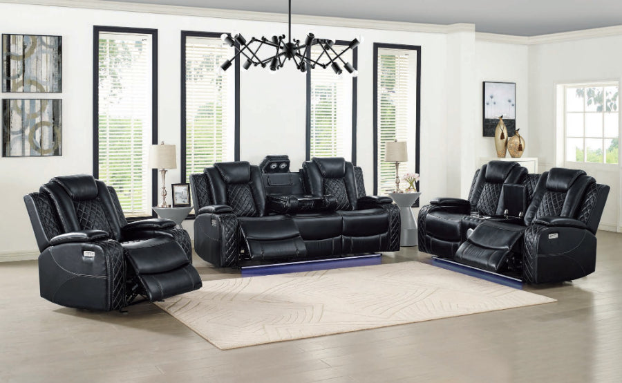 OrionBK-PW-SL 2 pc Orion black faux leather sofa and love seat with power motion recliner ends USB charging and drop down table on sofa