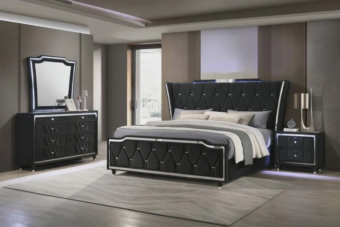 Lorient Black Velvet 4-Piece Queen Bedroom Set LED Wingback Bed USB Nightstand – 223161Q-S4