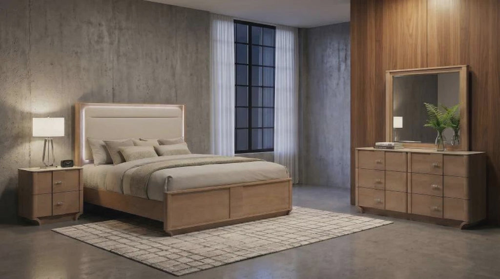 Coaster Leanne 4-Piece Light Oak Queen Bedroom Set with LED Lighted Headboard – 223131Q-S4