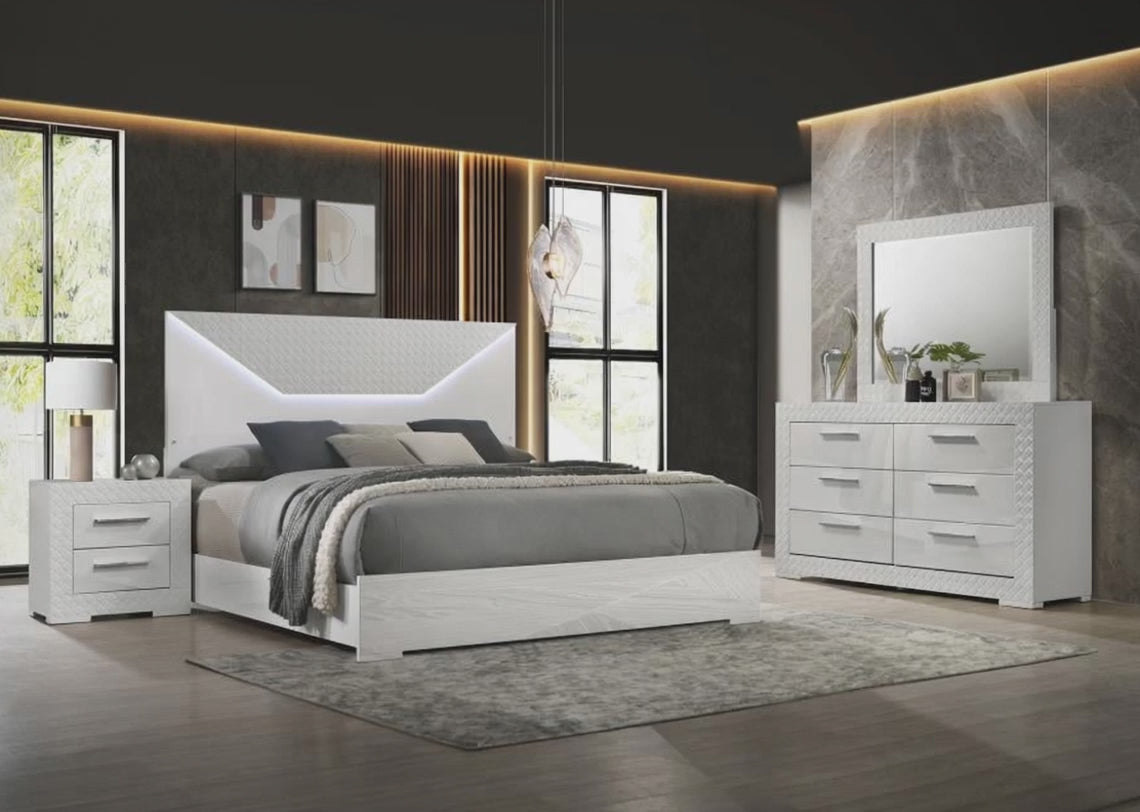 Ives White High Gloss Finish Wood 4-Piece Queen Bedroom Set Diamond Tile Emboss Touch LED Lighting Felt-Lined Drawers – 224941Q-S4