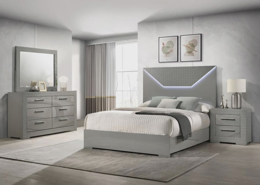 Ives Grey High Gloss Finish Wood 4-Piece Queen Bedroom Set Diamond Tile Emboss Touch LED Lighting Felt-Lined Drawers – 224971Q-S4