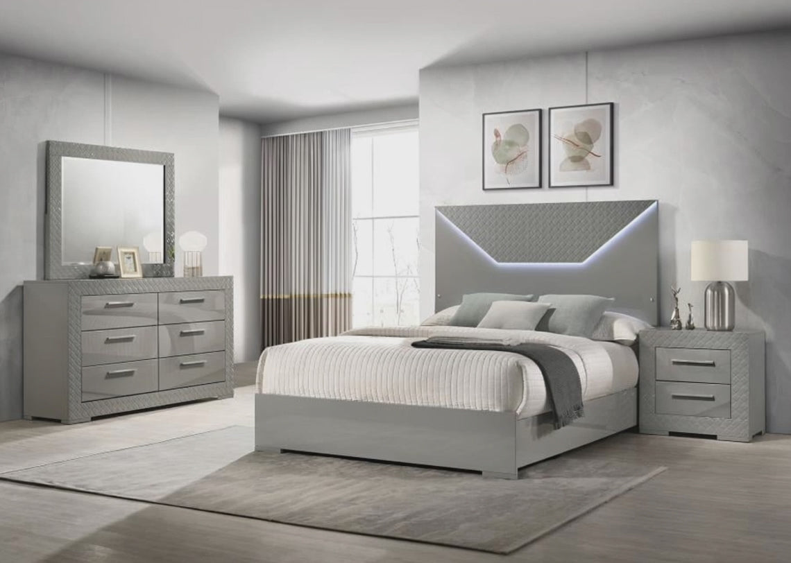 Ives Grey High Gloss Finish Wood 4-Piece Queen Bedroom Set Diamond Tile Emboss Touch LED Lighting Felt-Lined Drawers – 224971Q-S4